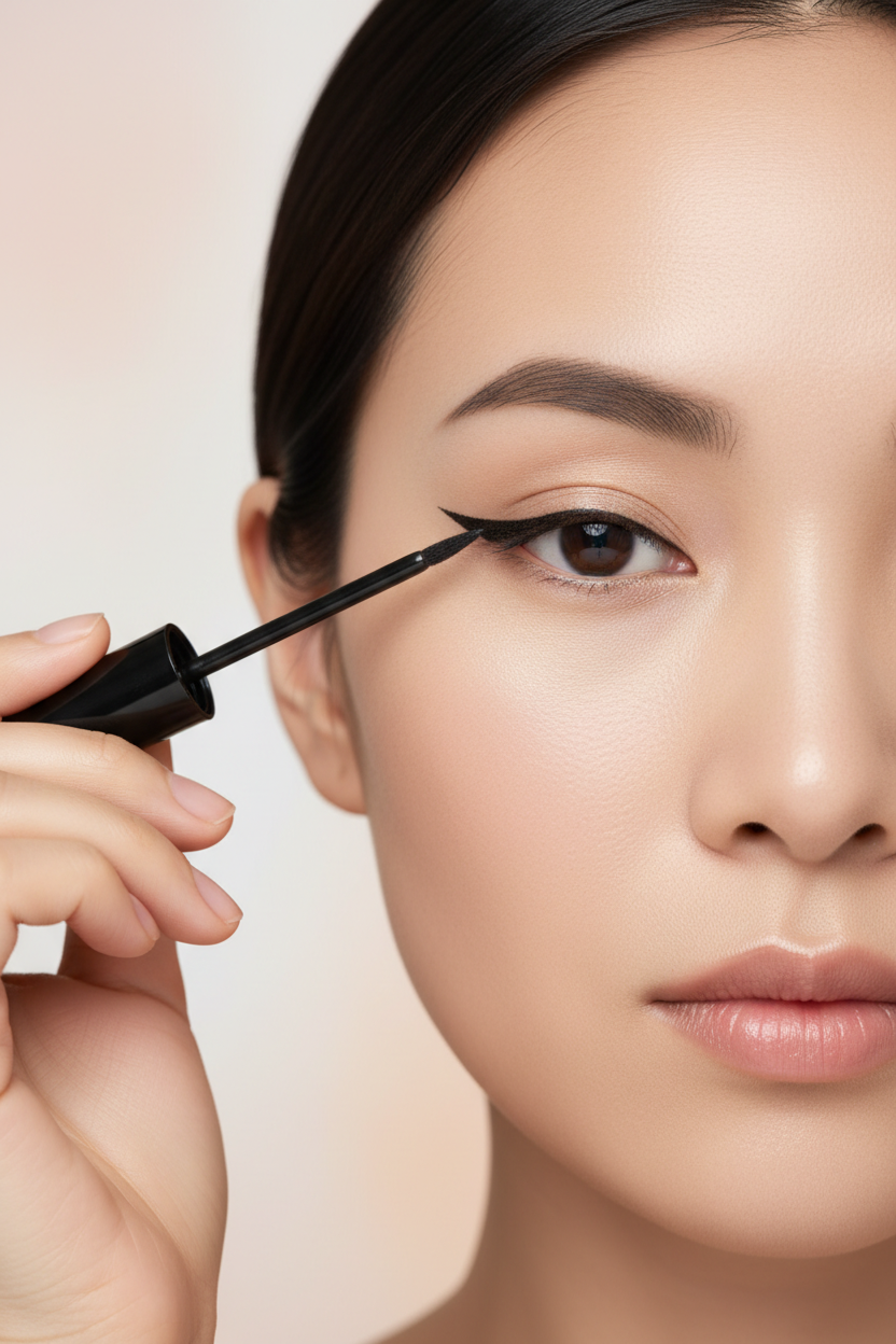 Model applying liquid eyeliner for winged liner look