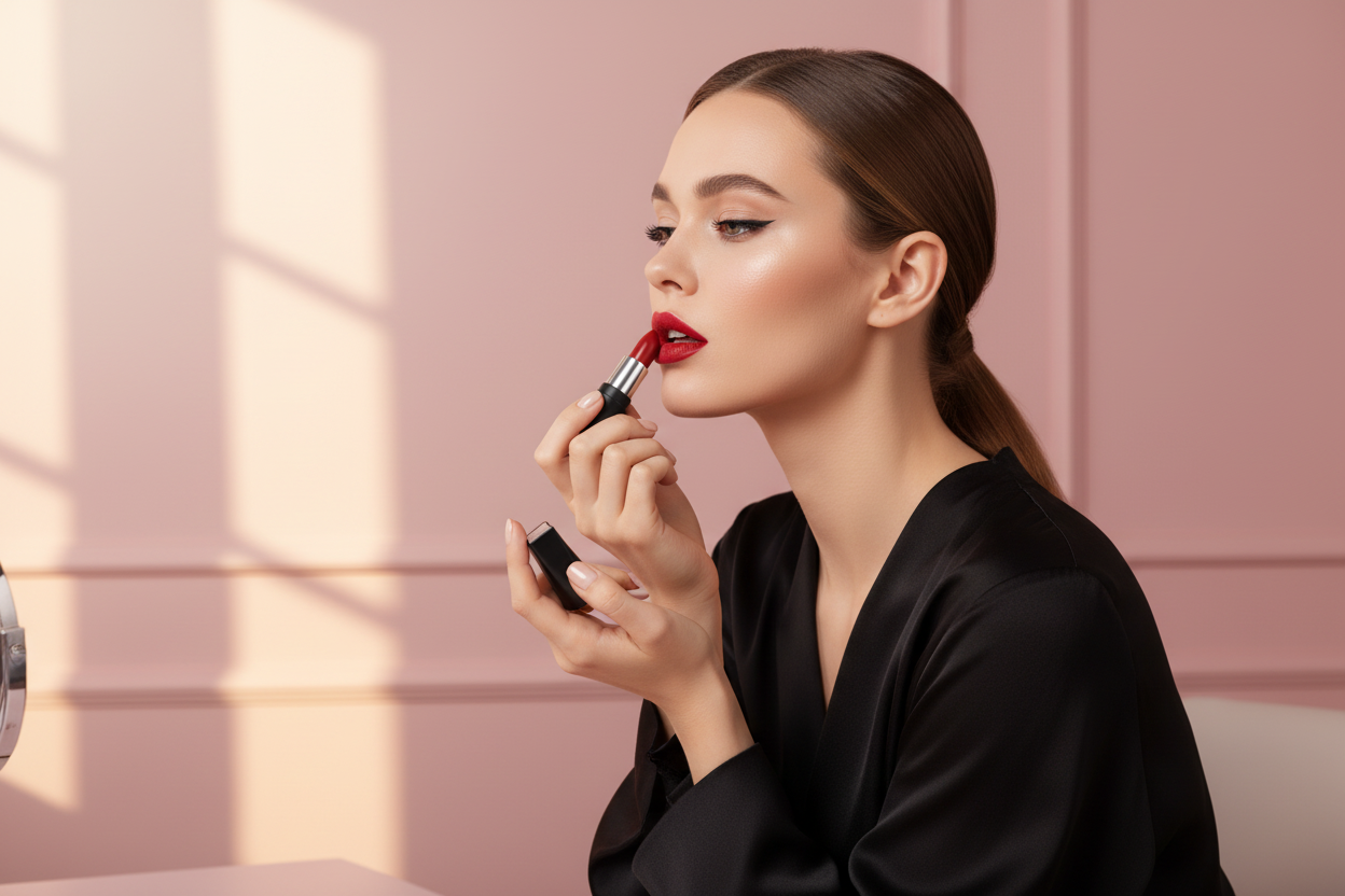 Scarlet Noir Lipstick - lifestyle application shot