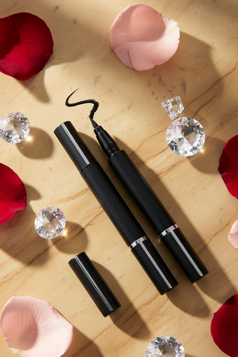 Luxury eyeliner flat lay on gold marble with rose petals